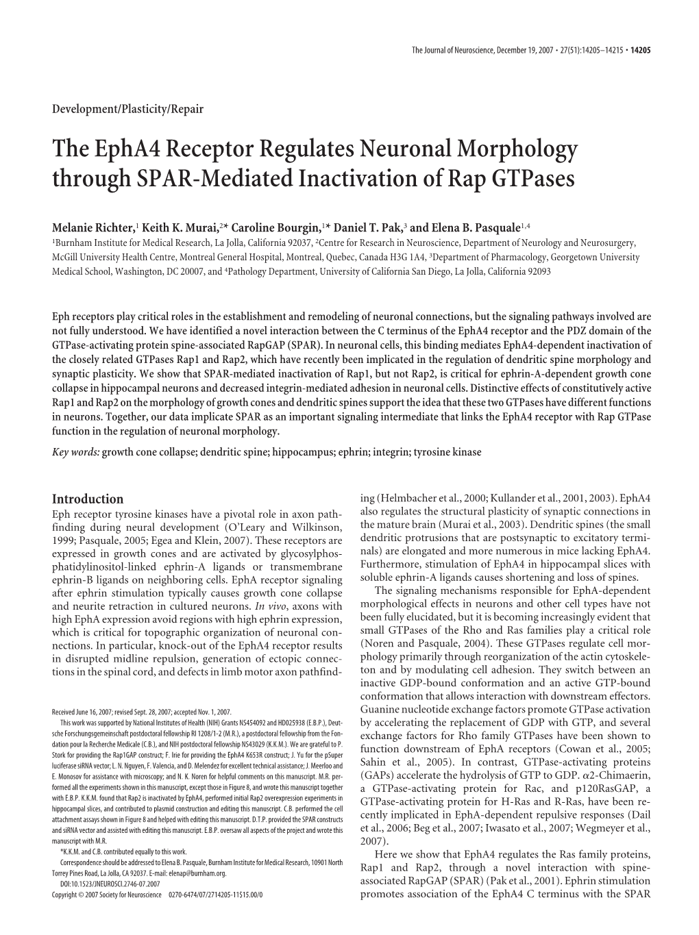 The Epha4 Receptor Regulates Neuronal Morphology Through SPAR-Mediated Inactivation of Rap Gtpases