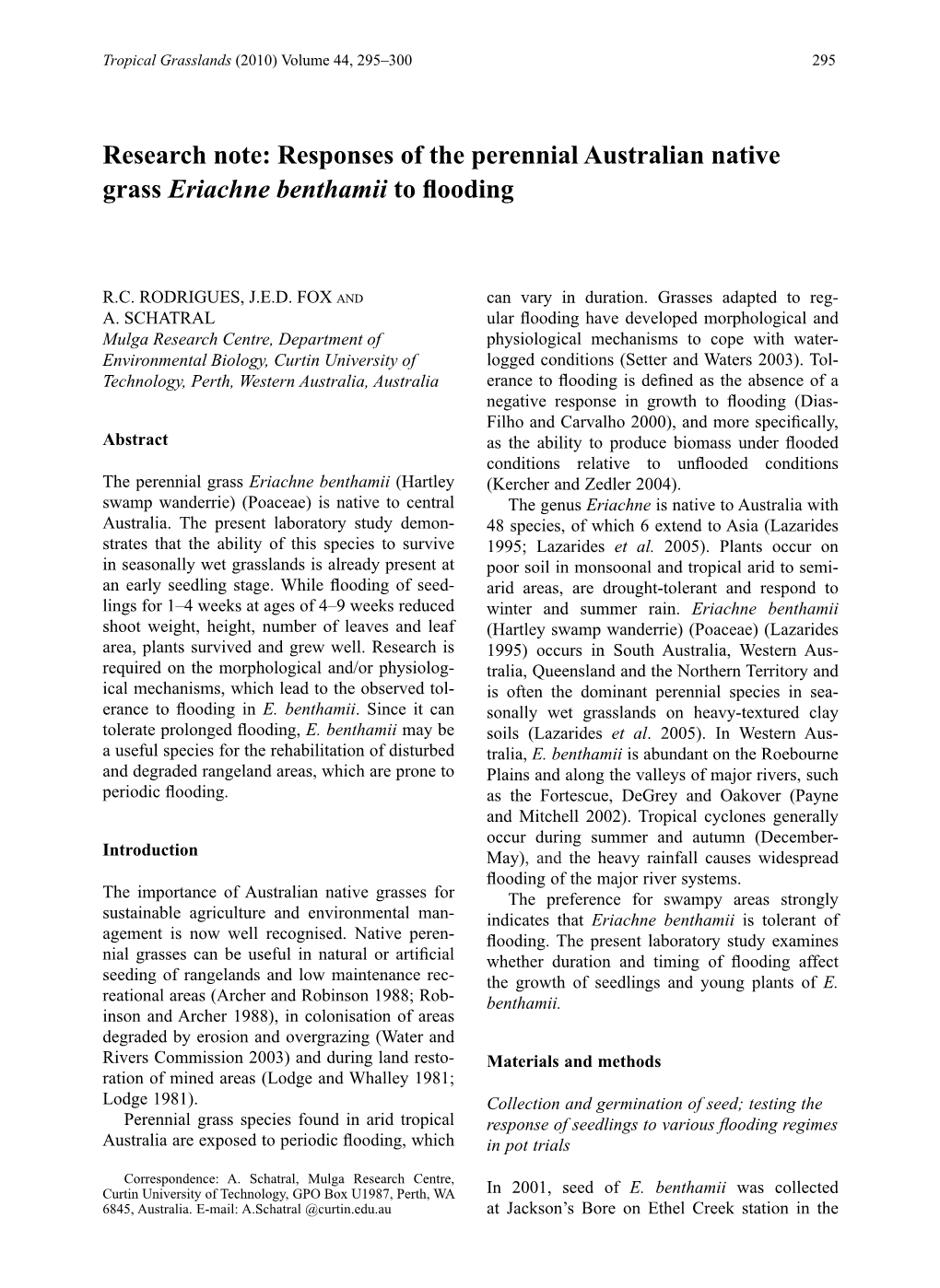 Research Note: Responses of the Perennial Australian Native Grass Eriachne Benthamii to Flooding