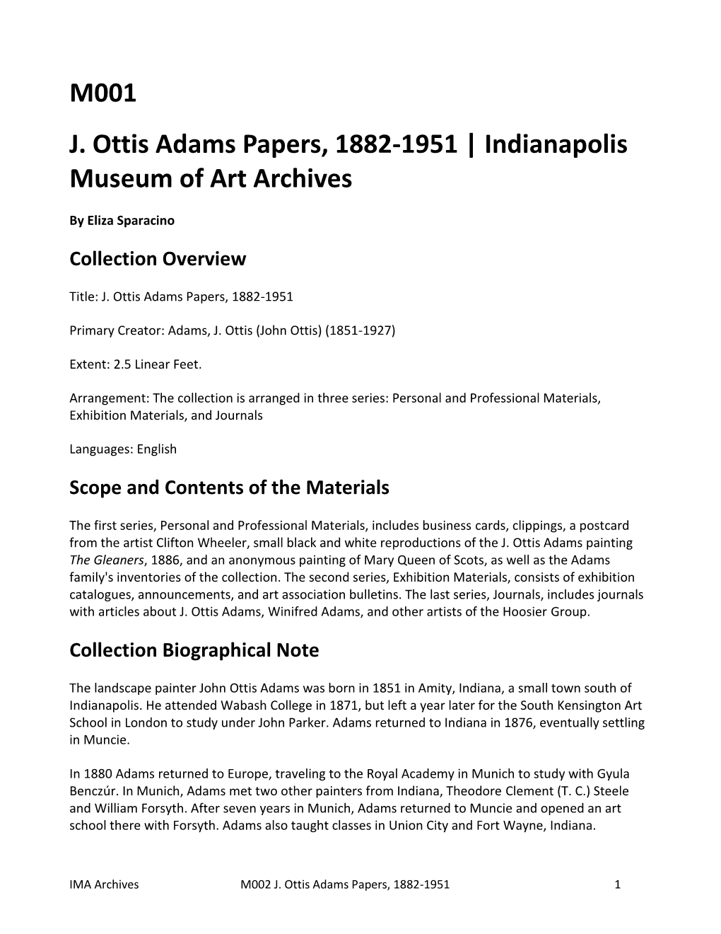 J. Ottis Adams Papers, 1882-1951 | Indianapolis Museum of Art Archives