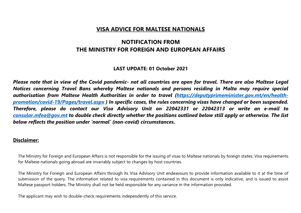Visa Advice for Maltese Nationals Notification from the Ministry For