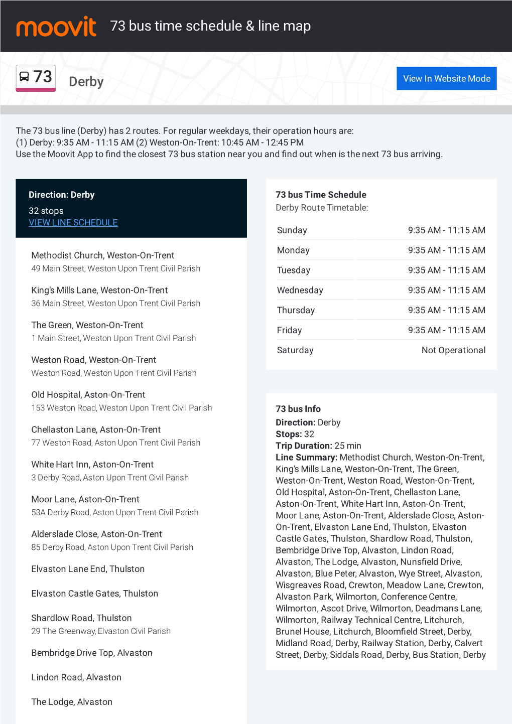 number 73 bus timetable