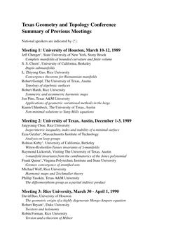 Texas Geometry and Topology Conference Summary of Previous Meetings