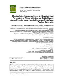 Effects of Justicia Carnea Leave on Hematological Parameters in Albino Mice Carried out in Mbingo Annex Hospital Laboratory in Bamenda, North West Region, Cameroon