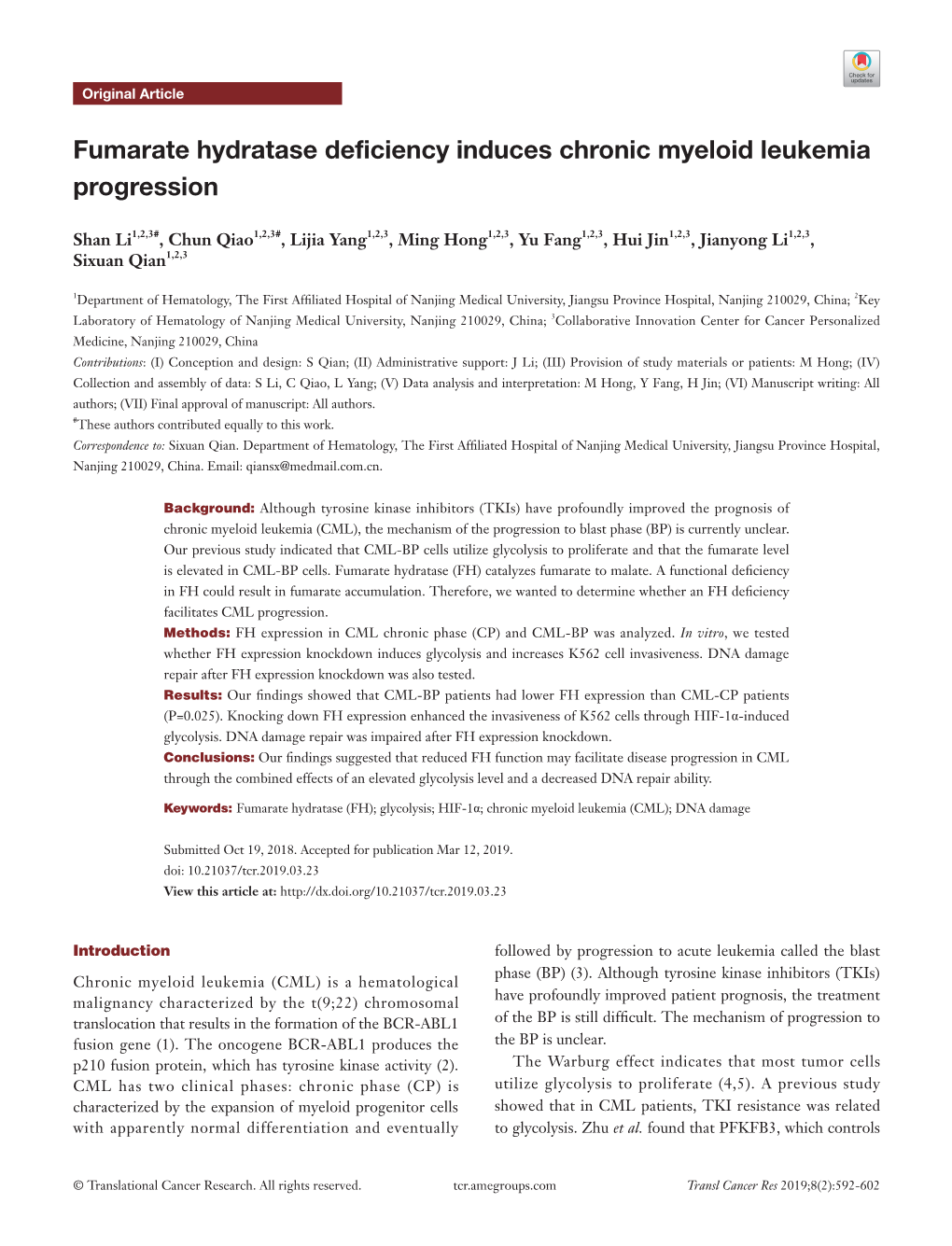 Fumarate Hydratase Deficiency Induces Chronic Myeloid Leukemia Progression