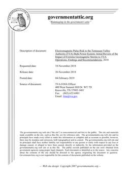 Electromagnetic Pulse Risk to the Tennessee Valley Authority (TVA)