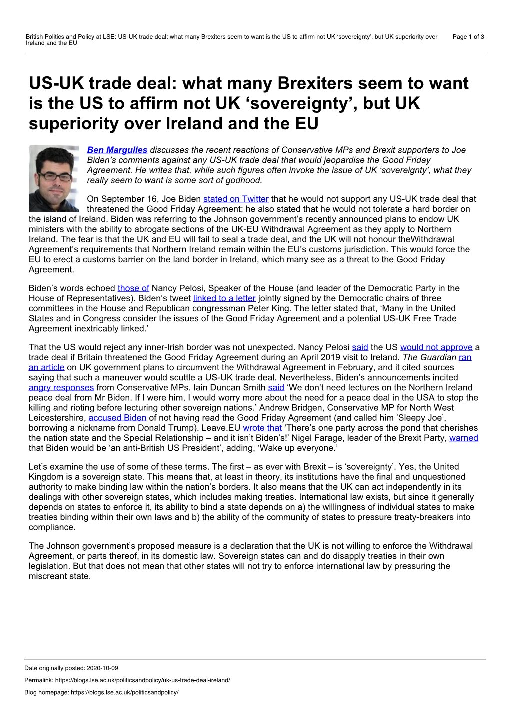 British Politics and Policy at LSE: US-UK Trade Deal: What Many Brexiters Seem to Want Is the US to Affirm Not UK 'Sovereignty