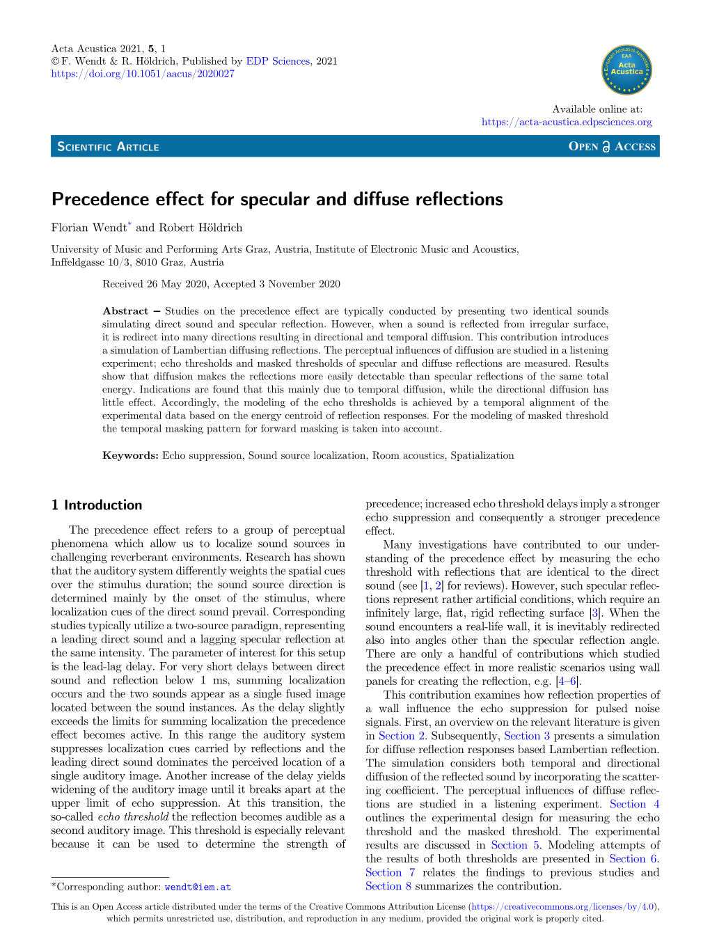 Precedence Effect for Specular and Diffuse Reflections