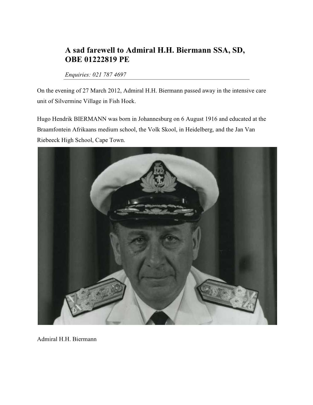 A Sad Farewell to Admiral H.H. Biermann SSA, SD, OBE 01222819 PE