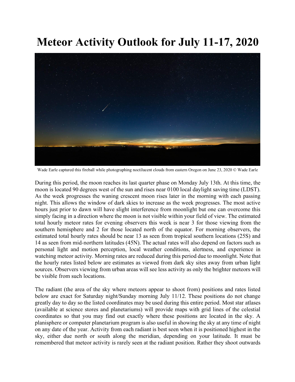 Meteor Activity Outlook for July 11-17, 2020