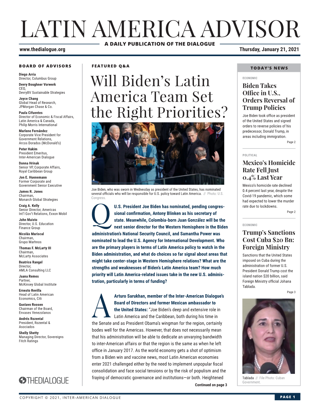 LATIN AMERICA ADVISOR a DAILY PUBLICATION of the DIALOGUE Thursday, January 21, 2021