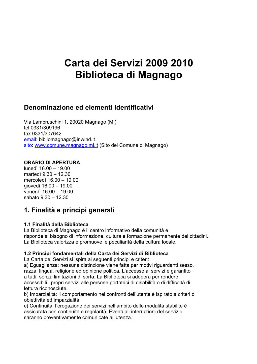 Carta Dei Servizi 2009 2010 Biblioteca Di Magnago