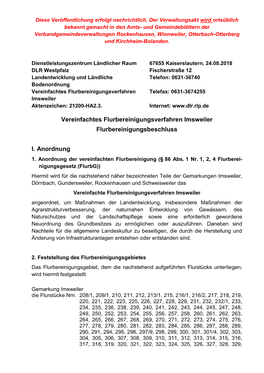 Vereinfachtes Flurbereinigungsverfahren Imsweiler Flurbereinigungsbeschluss I. Anordnung