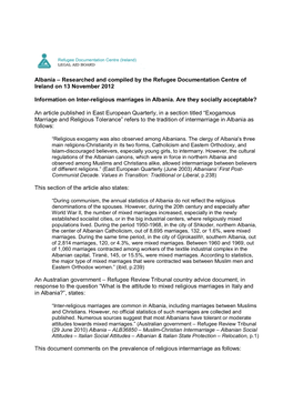 Albania – Researched and Compiled by the Refugee Documentation Centre of Ireland on 13 November 2012