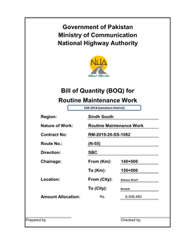 Government of Pakistan Ministry of Communication National Highway Authority Bill of Quantity (BOQ) for Routine Maintenance Work