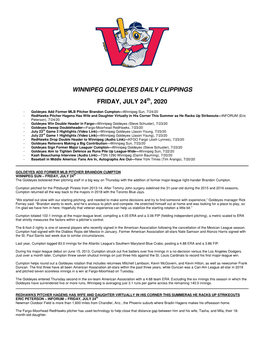 Winnipeg Goldeyes Daily Clippings Friday, July 24 , 2020