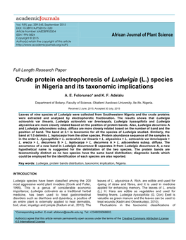 Crude Protein Electrophoresis of Ludwigia (L.) Species in Nigeria and Its Taxonomic Implications