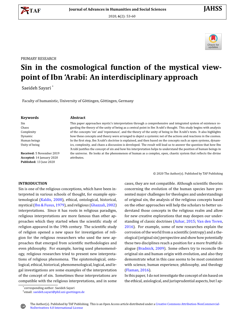 Sin in the Cosmological Function of the Mystical View- Point of Ibn 'Arabī: An