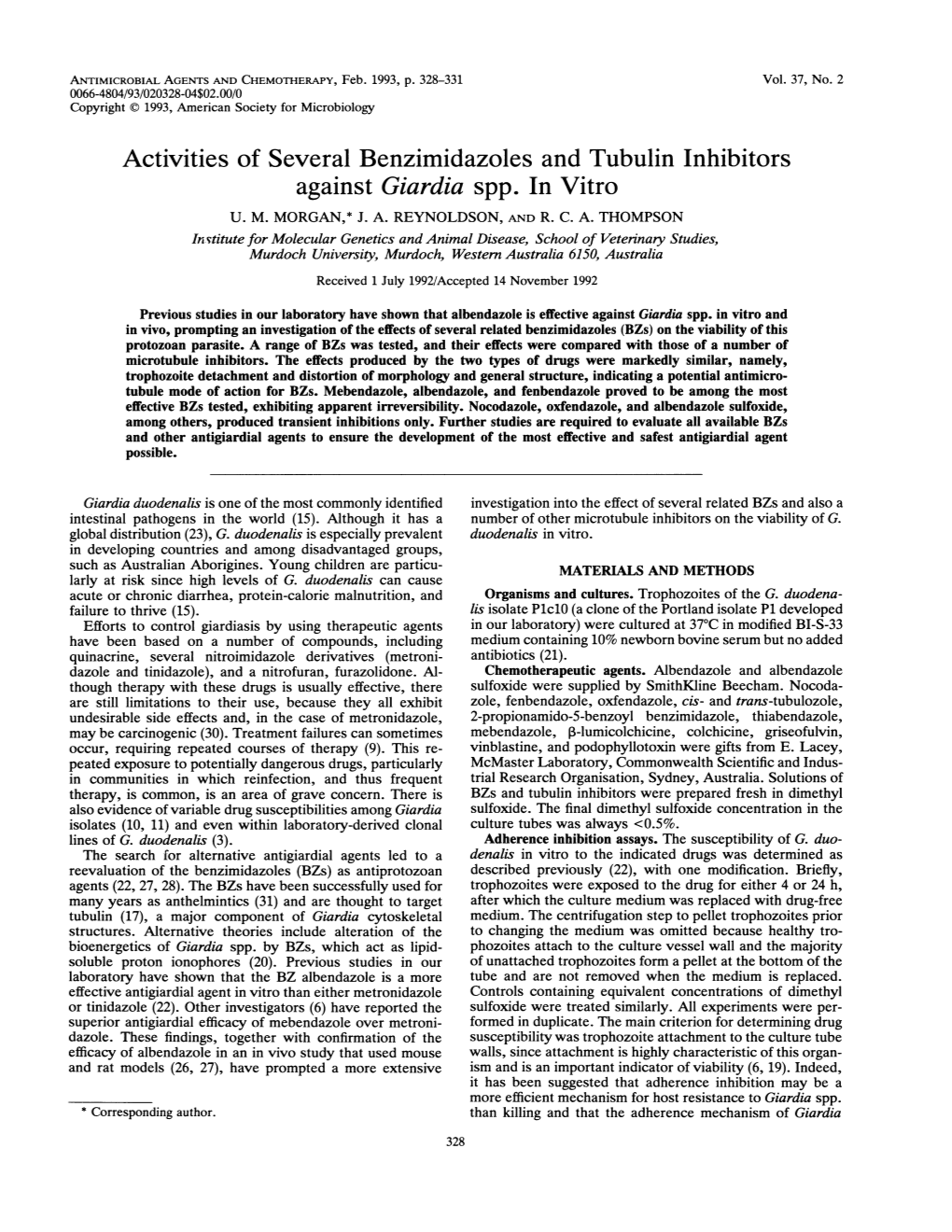 Activities of Several Benzimidazoles and Tubulin Inhibitors Against Giardia Spp. in Vitro U