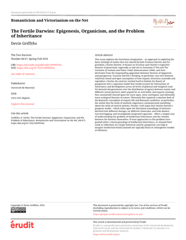 The Fertile Darwins: Epigenesis, Organicism, and the Problem of Inheritance Devin Griffiths