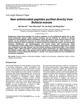 New Antimicrobial Peptides Purified Directly from Bullacta Exarata