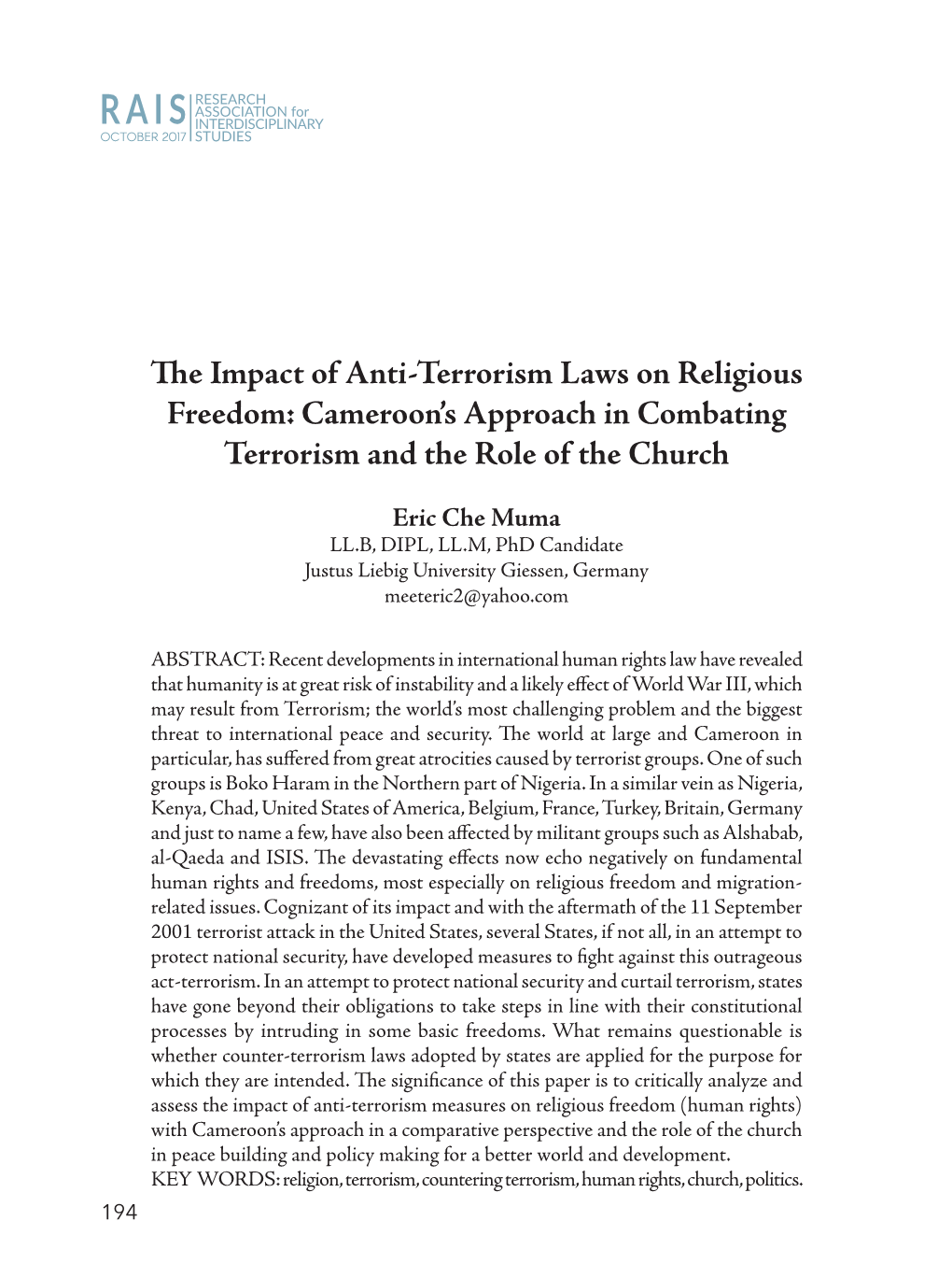 The Impact of Anti-Terrorism Laws on Religious Freedom: Cameroon’S Approach in Combating Terrorism and the Role of the Church