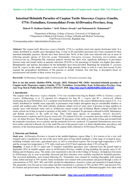 Intestinal Helminth Parasites of Caspian Turtle Mauremys Caspica (Gmelin, 1774) (Testudines, Geoemydidae) from Al-Diwaniya Province, Iraq