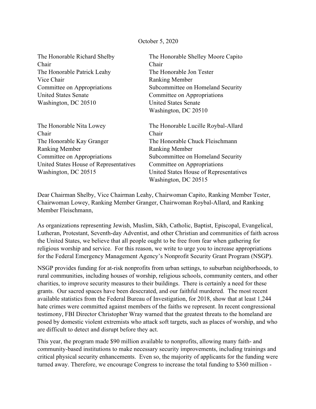 USCCB Interfaith Letter on Nonprofit Security Grants 10.5.20.Pdf