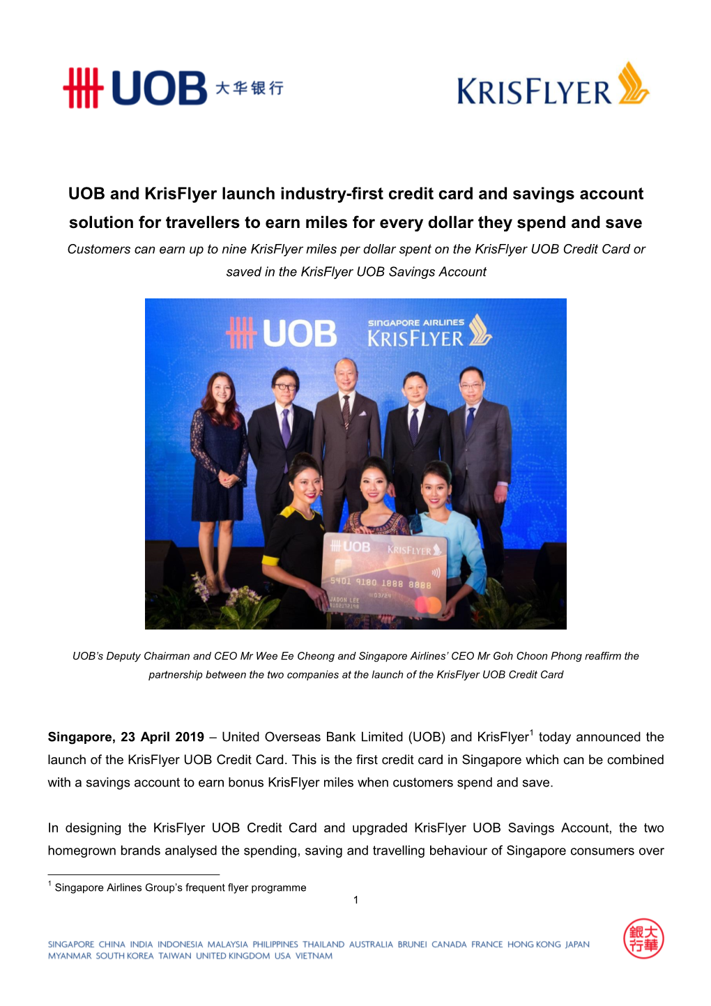 UOB and Krisflyer Launch Industry-First Credit Card and Savings Account