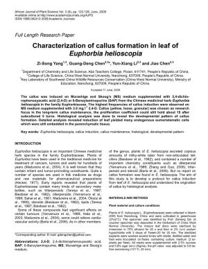 Characterization of Callus Formation in Leaf of Euphorbia Helioscopia