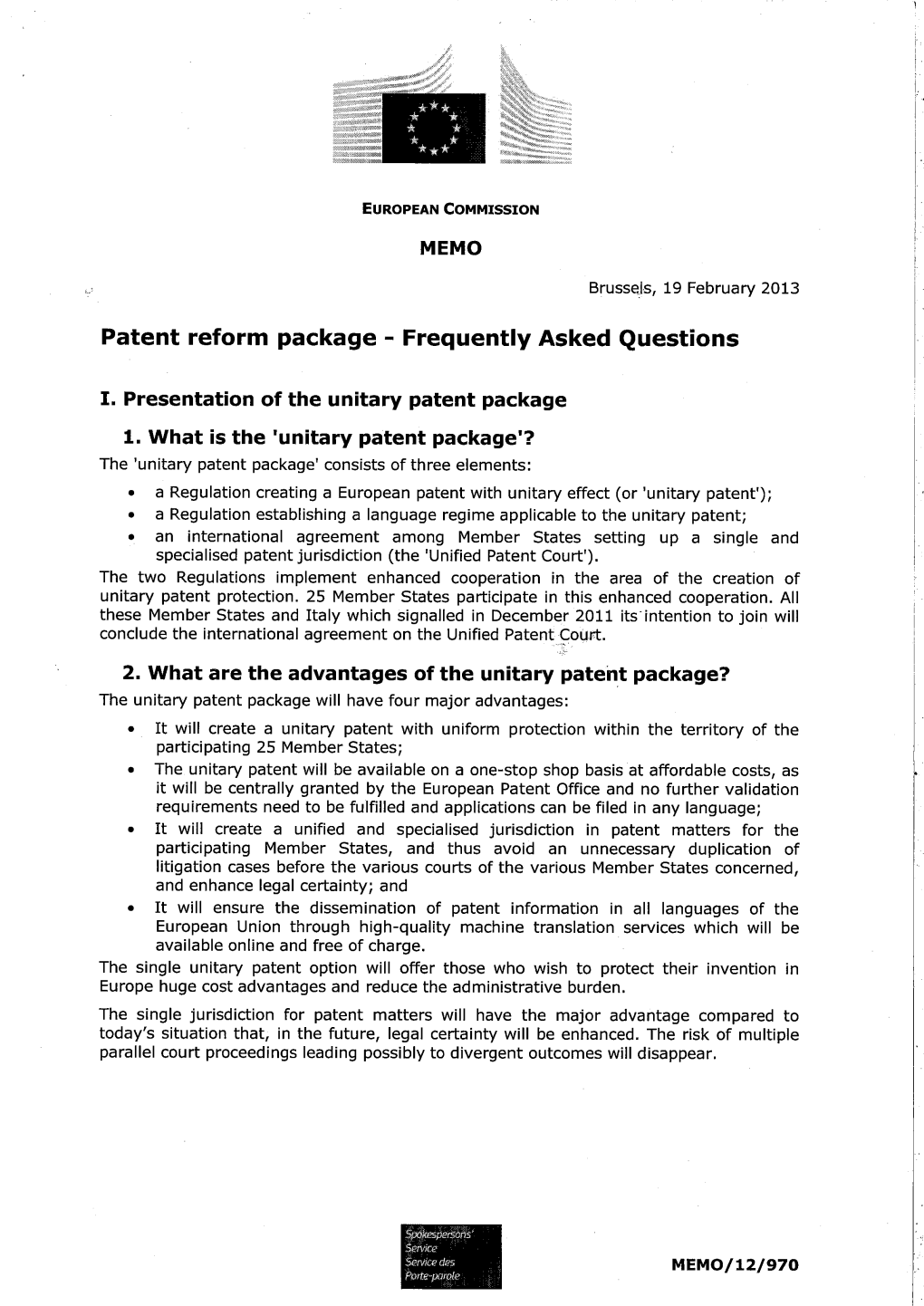 Patent Reform Package - Frequently Asked Questions