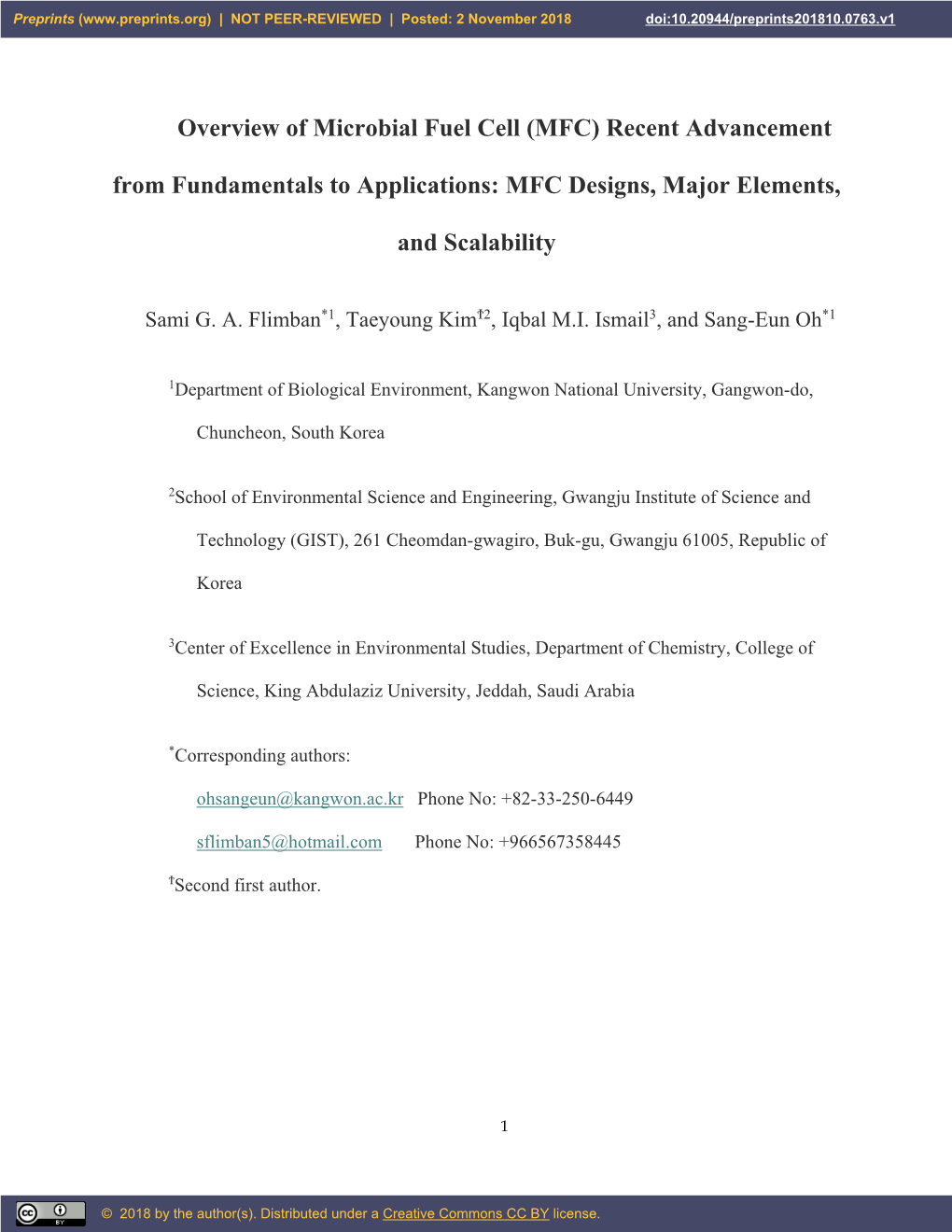 Overview of Microbial Fuel Cell (MFC) Recent Advancement