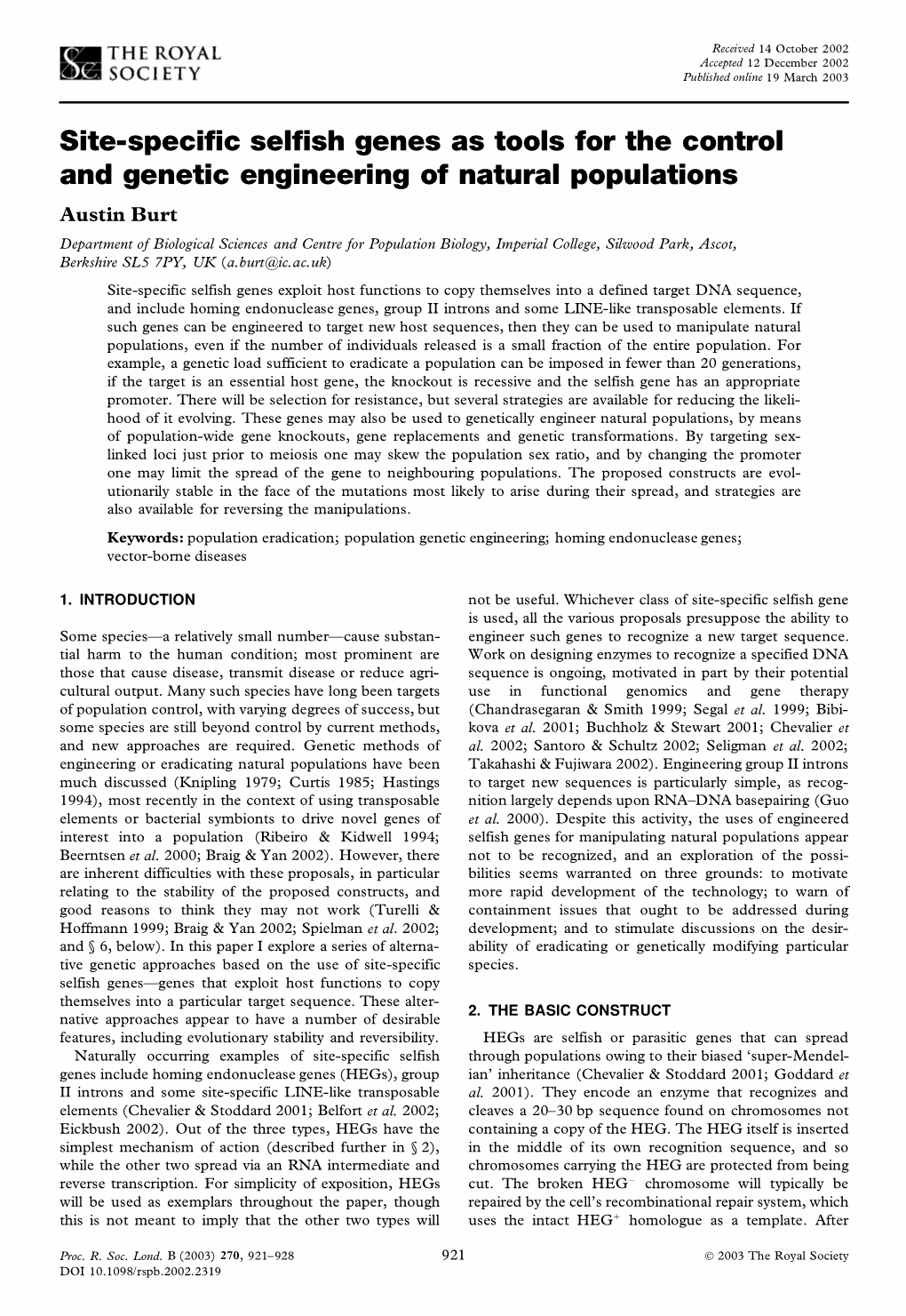 Site-Specific Selfish Genes As Tools for the Control and Genetic Engineering