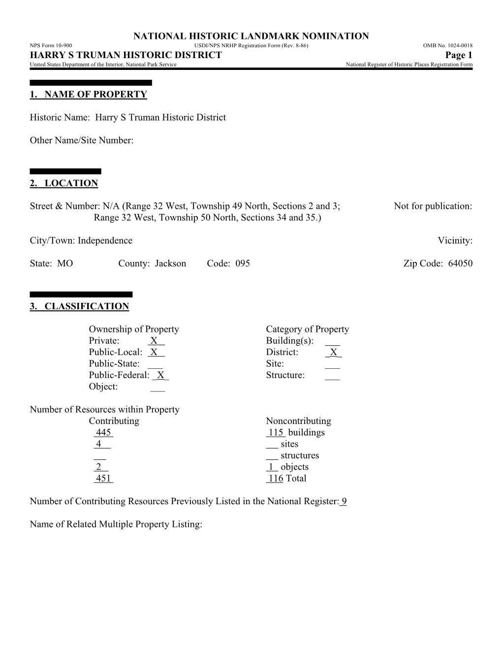 HARRY S TRUMAN HISTORIC DISTRICT Page 1 United States Department of the Interior, National Park Service National Register of Historic Places Registration Form