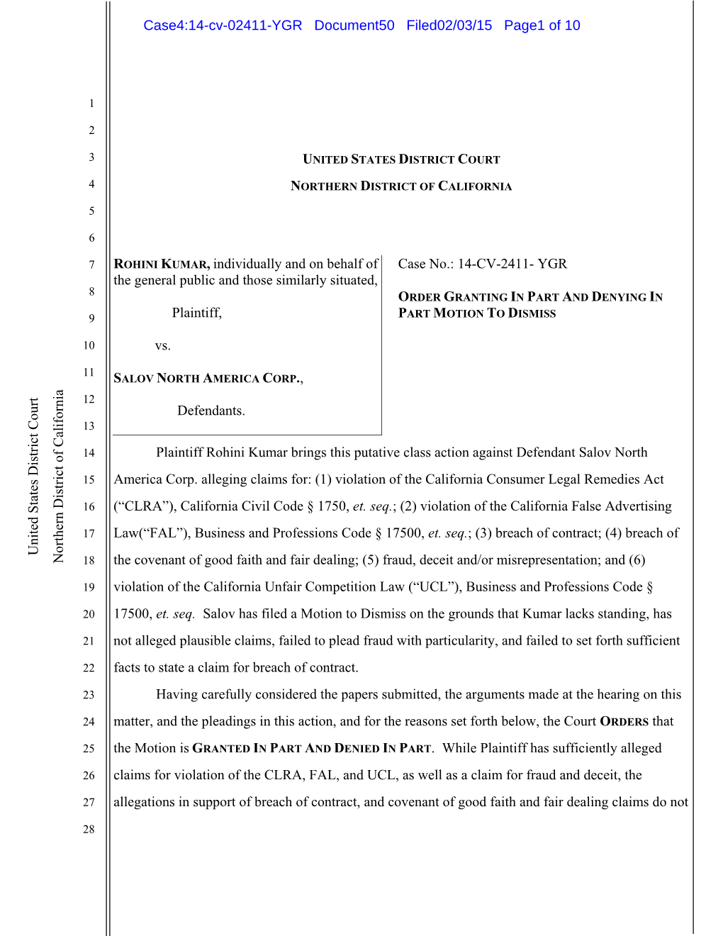 United States District Court Northern District of California ROHINI