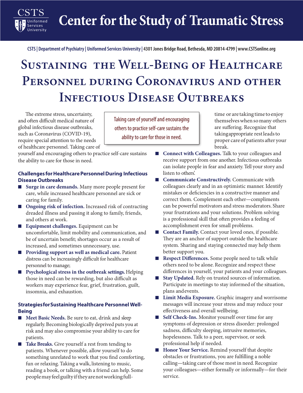 Sustaining the Well-Being of Healthcare Personnel During Coronavirus and Other Infectious Disease Outbreaks