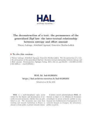 The Deconstruction of a Text: the Permanence of the Generalized Zipf Law- the Inter-Textual Relationship Between Entropy And
