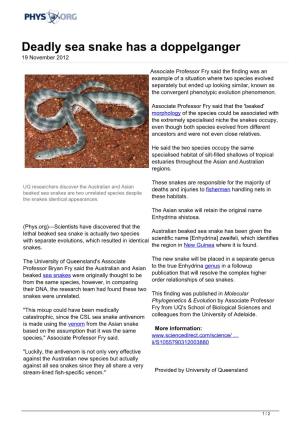 Deadly Sea Snake Has a Doppelganger 19 November 2012