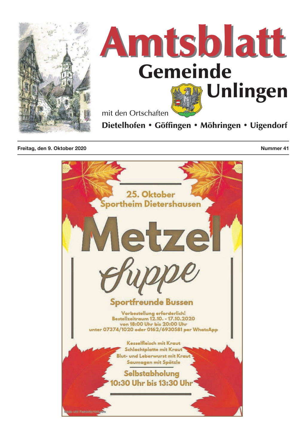 Freitag, Den 9. Oktober 2020 Nummer 41 Seite 2 Amtsblatt Gemeinde Unlingen Freitag, 9