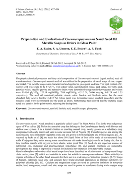 Preparation and Evaluation of Cucumeropsis Mannii Naud. Seed Oil Metallic Soaps As Driers in Gloss Paint E