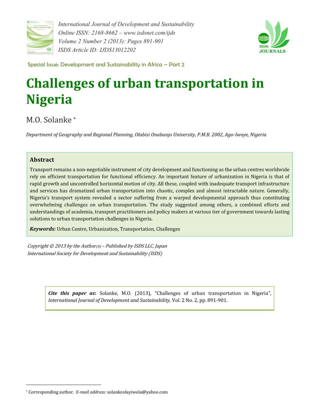 Challenges of Urban Transportation in Nigeria