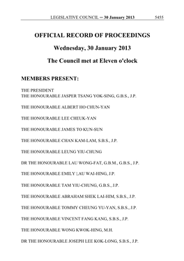OFFICIAL RECORD of PROCEEDINGS Wednesday, 30 January 2013 the Council Met at Eleven O'clock