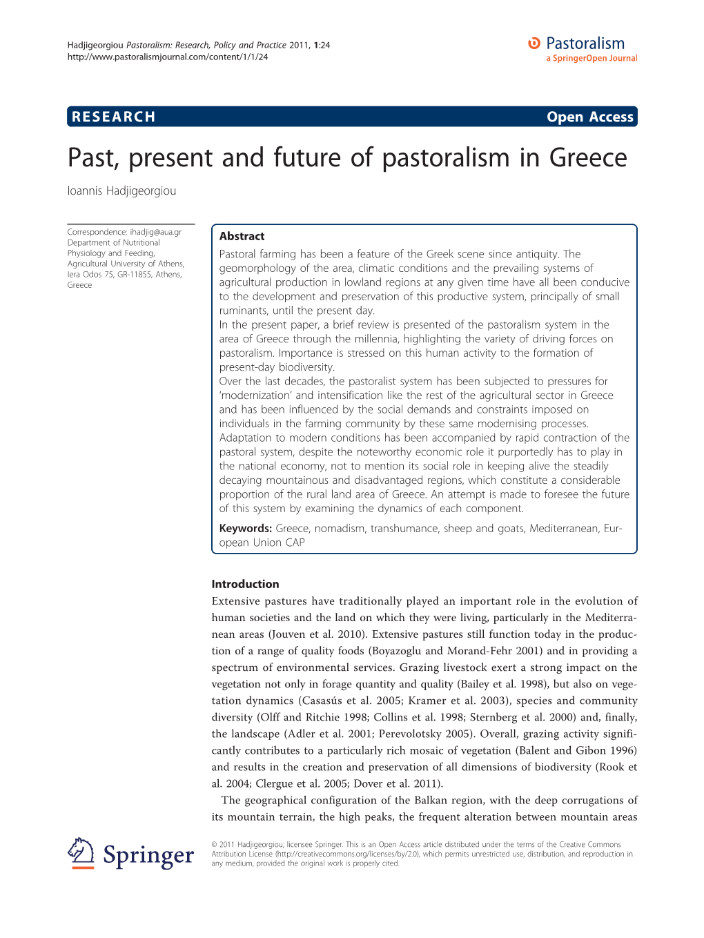 Past, Present and Future of Pastoralism in Greece Ioannis Hadjigeorgiou