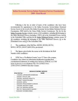 Indian Economic Service/Indian Statistical Service Examination 2009 - Final Result