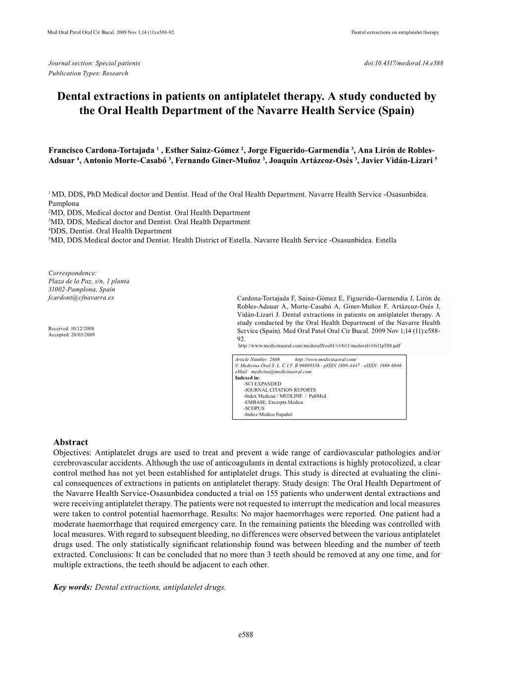 Dental Extractions in Patients on Antiplatelet Therapy. a Study Conducted by the Oral Health Department of the Navarre Health Service (Spain)