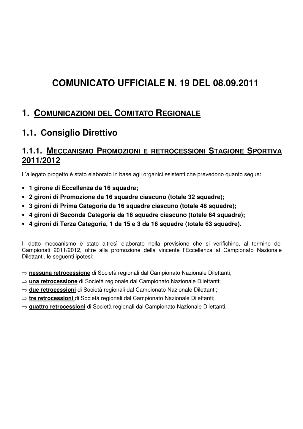 Comunicato Ufficiale N. 19 Del 08.09.2011