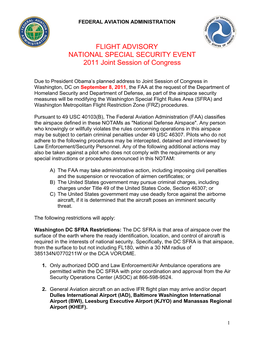 FLIGHT ADVISORY NATIONAL SPECIAL SECURITY EVENT 2011 Joint Session of Congress