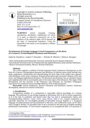 Development of Foreign Language Lexical Competence on the Basis of a Learner’S Terminological Thesaurus and Dictionary