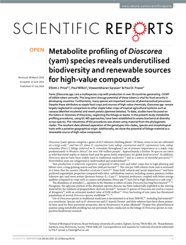 Metabolite Profiling of Dioscorea (Yam) Species Reveals Underutilised Biodiversity and Renewable Sources for High-Value Compounds
