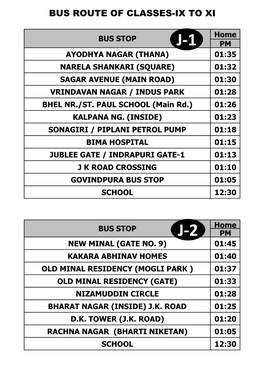 Bus Route of Classes-Ix to Xi Bus Incharge : Mrs