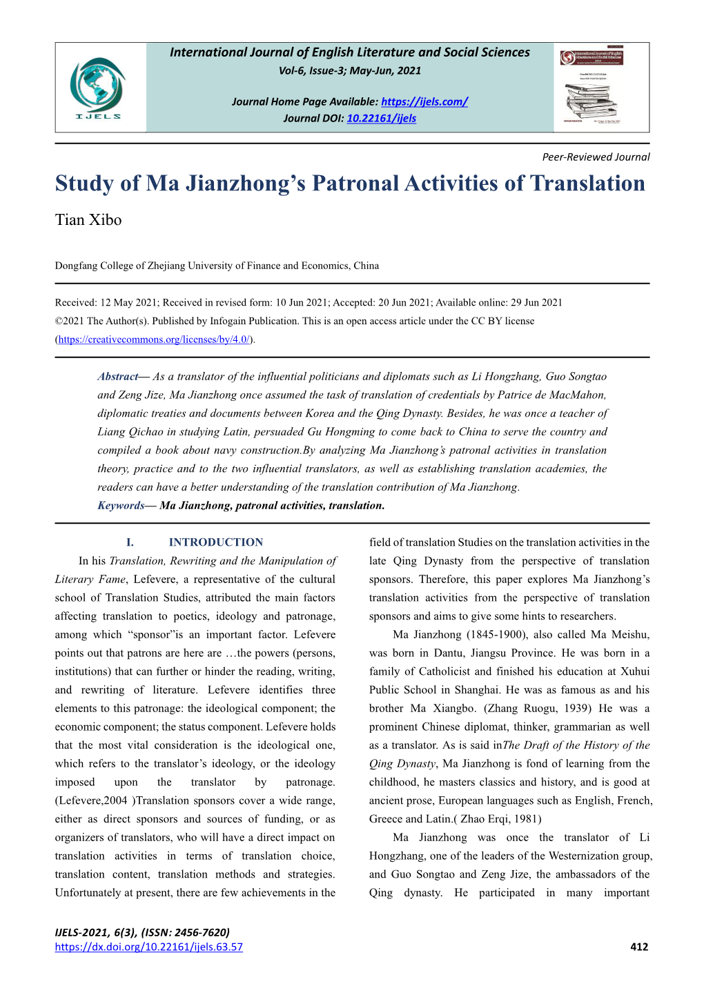 Study of Ma Jianzhong's Patronal Activities of Translation